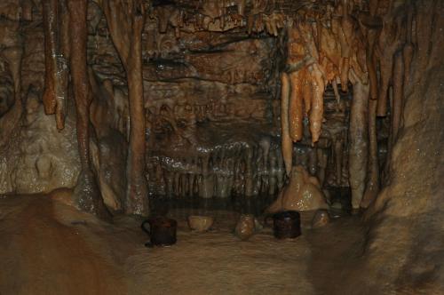 A dimly lit cave interior with stalactites and stalagmites, featuring small pools of water and scattered pottery.