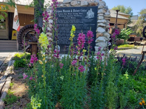 Colorful flowers in front of a stone monument for the Mariposa Museum & History Center, surrounded by greenery.