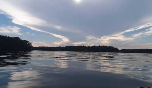 A serene lake scene with calm waters reflecting clouds and a blue sky, surrounded by trees on the horizon.