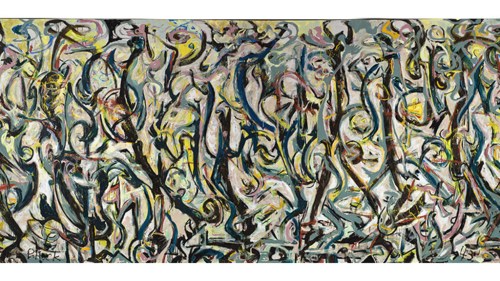 Abstract painting featuring dynamic, swirling lines and vibrant colors, creating a sense of movement and energy.