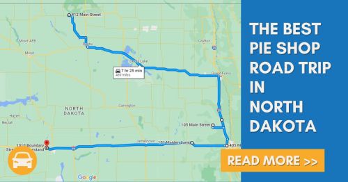 Map showing a road trip route for the best pie shops in North Dakota, with key locations and travel time highlighted.