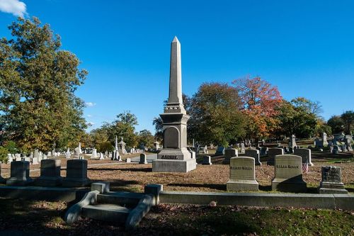A cemetery scene featuring a tall obelisk monument surrounded by gravestones and trees under a clear blue sky.