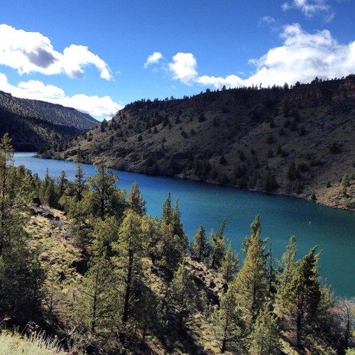 A serene river flows through a lush valley, surrounded by green hills and a clear blue sky with scattered clouds.