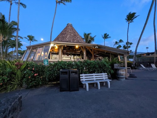 A tropical beach bar with a thatched roof, surrounded by palm trees and lush greenery, at dusk.