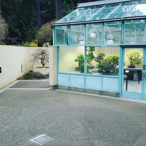 A serene garden with a glass greenhouse, featuring bonsai trees and a gravel pathway surrounded by greenery.