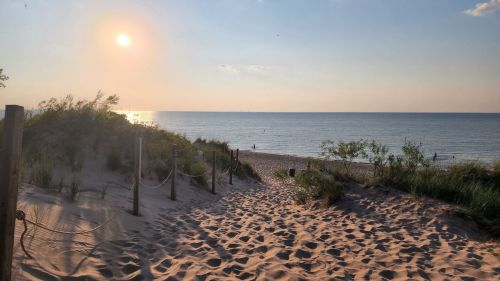 A sandy path leads to a tranquil beach at sunset, with gentle waves and a clear sky in the background.