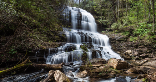 A serene waterfall cascading over rocks, surrounded by lush greenery and trees in a peaceful natural setting.