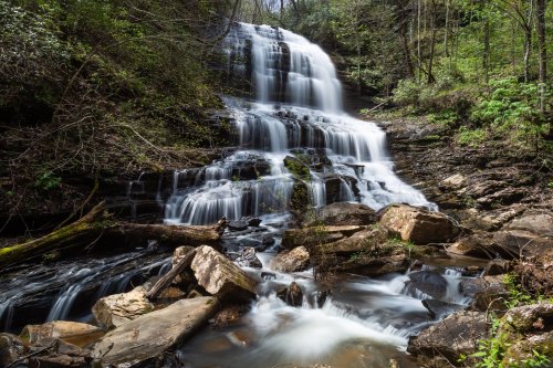 A serene waterfall cascades over rocks, surrounded by lush greenery and trees in a tranquil forest setting.