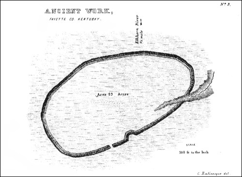 Map of Ancient Works in Fayette County, Kentucky, showing an oval shape with dimensions and surrounding features.