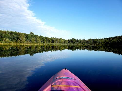 A calm lake reflects trees and a blue sky, viewed from the front of a pink kayak.