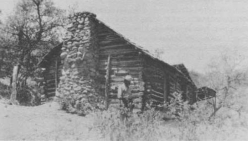 Black and white image of a rustic log cabin with a stone chimney, surrounded by sparse vegetation.