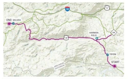 Map showing a route from "START" to "END" in Saluda, with key locations like Tryon and Harmon Field marked.