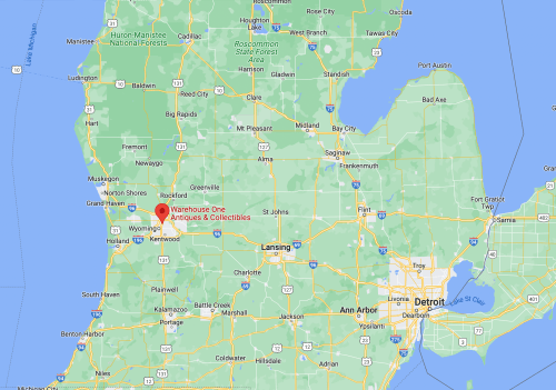 Map of Michigan highlighting the location of Warehouse One Antiques & Collectibles near Lansing.