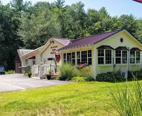 A charming yellow building with a porch, surrounded by greenery, set against a backdrop of trees.