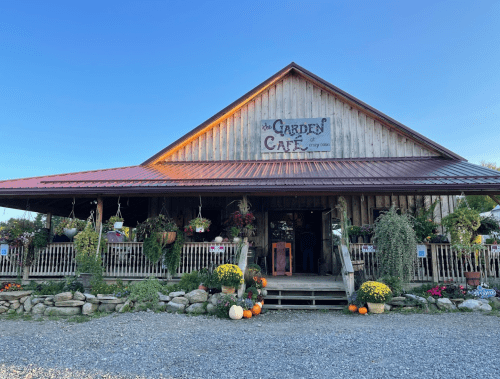 A rustic café with a wooden exterior, surrounded by flowers and pumpkins, under a clear blue sky.