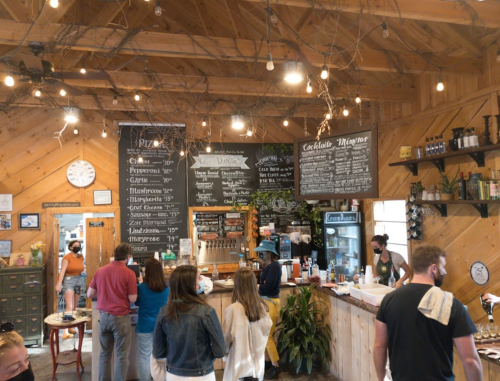 A cozy café interior with wooden decor, patrons enjoying drinks, and a menu board in a warm, inviting atmosphere.