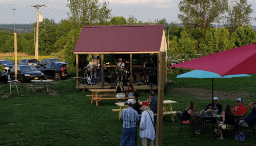 A band performs on an outdoor stage while people enjoy the music at a grassy venue with picnic tables and cars nearby.