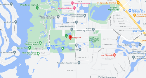 Map showing East Naples, Florida, highlighting Foggy Café and nearby landmarks and parks.