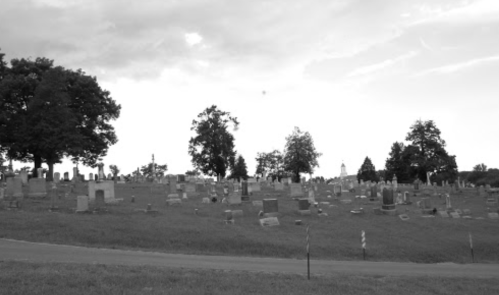 A black and white image of a cemetery with numerous gravestones on a grassy hill under a cloudy sky.