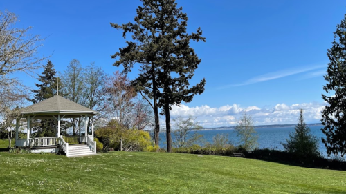 A gazebo on a grassy area by the water, surrounded by trees under a clear blue sky.