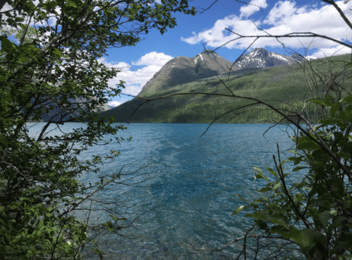 A serene lake surrounded by lush greenery and mountains under a blue sky with fluffy clouds.