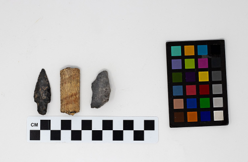 Three artifacts, including two stone tools and a wooden piece, alongside a color reference chart and a ruler.