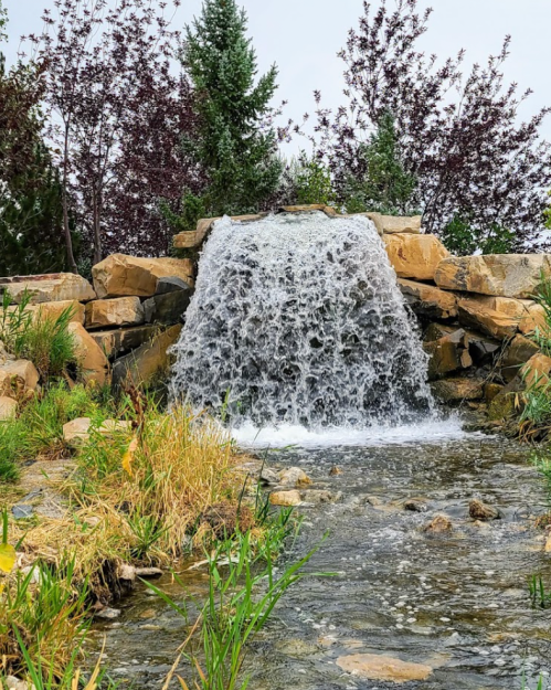 A small waterfall cascades over rocks into a stream, surrounded by greenery and trees.