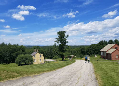 A scenic view of a winding road leading to two houses, surrounded by green fields and a blue sky with clouds.