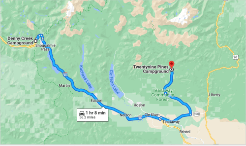 Map showing a route from Denny Creek Campground to Twentynine Pines Campground, covering 56.2 miles in 1 hour 8 minutes.