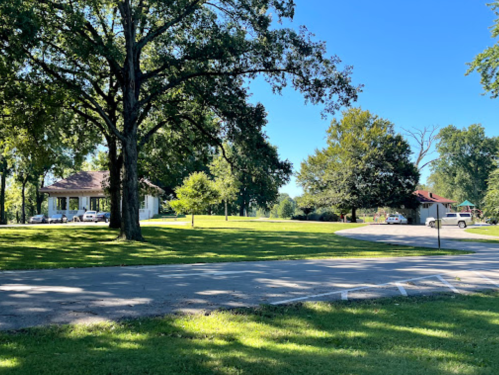 A sunny park scene featuring a large tree, a house, and a winding road surrounded by green grass.
