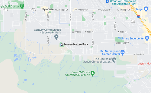 Map showing Jensen Nature Park in Syracuse, Utah, with nearby landmarks and streets labeled.