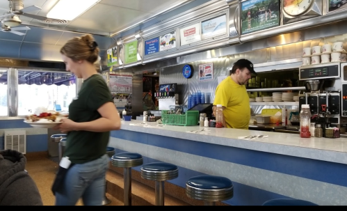 A diner scene with a waitress carrying a plate and a cook behind the counter, surrounded by food and condiments.