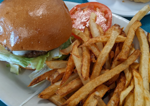 A plate with a hamburger topped with lettuce and tomato, accompanied by a side of golden French fries.