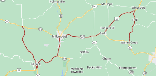 Map showing a route through Holmes County, Ohio, including towns like Millersburg, Berlin, and Winesburg.