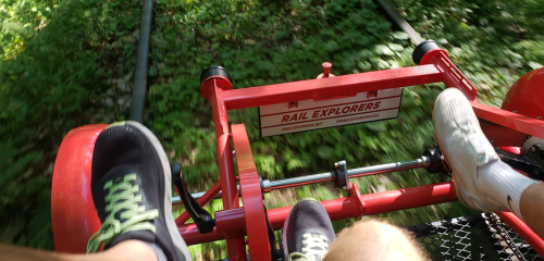 View from above of two feet on a red rail explorer, gliding along a green, leafy track.