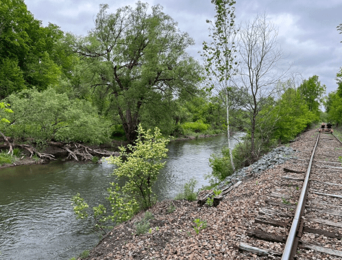 A serene riverbank with lush greenery and a railway track running alongside the water under a cloudy sky.