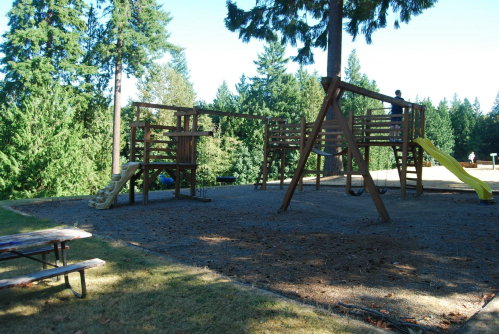 A wooden playground with swings and a slide, surrounded by tall trees and a grassy area.