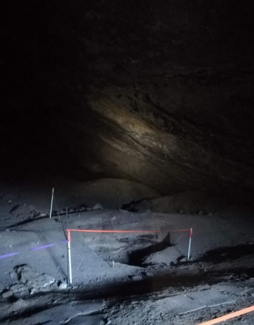 A dimly lit cave interior with marked boundaries and uneven ground, showcasing rocky textures and shadows.
