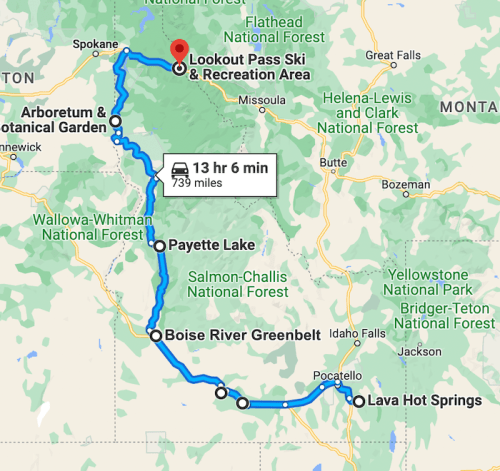 Map showing a route from Lava Hot Springs to Lookout Pass Ski & Recreation Area, covering 739 miles in 13 hours and 6 minutes.