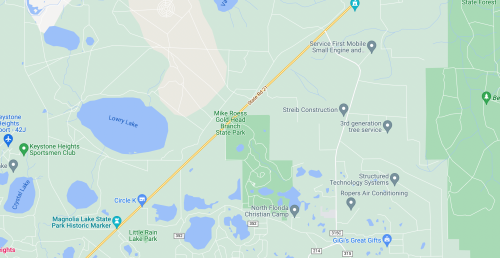 Map showing roads and parks in a green landscape, including Mike Reed Gold Field Branch State Park and nearby locations.