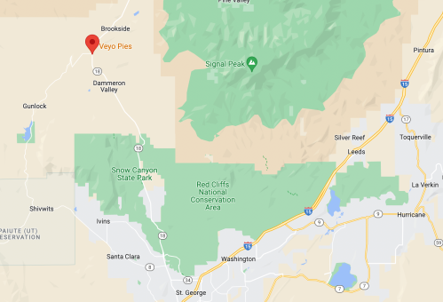 Map showing Veyo Pies location in Veyo, Utah, near Snow Canyon State Park and Red Cliffs National Conservation Area.