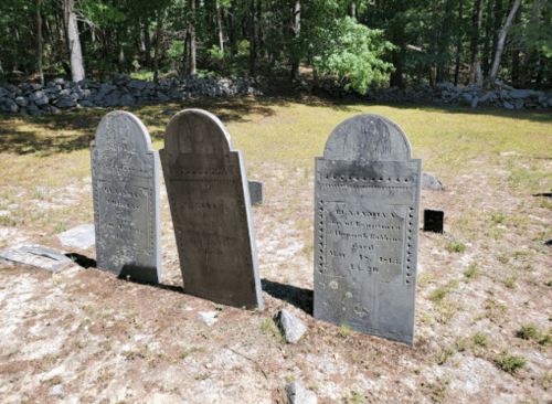 Three weathered gravestones in a grassy area, surrounded by trees and a stone wall.
