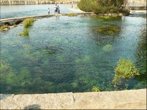A clear, shallow pool surrounded by rocks and greenery, with people in the background enjoying the scenery.