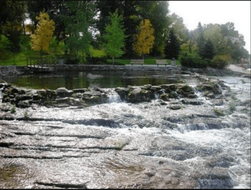 A serene park scene featuring a gentle stream flowing over rocky terrain, surrounded by trees and benches.