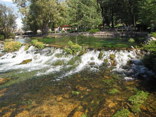 A clear stream cascades over rocks, surrounded by lush greenery and trees, with people in the background enjoying the scenery.