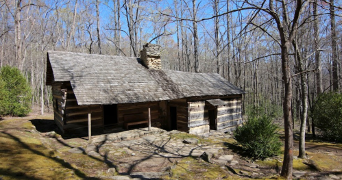 A rustic log cabin surrounded by bare trees and rocky terrain under a clear blue sky.