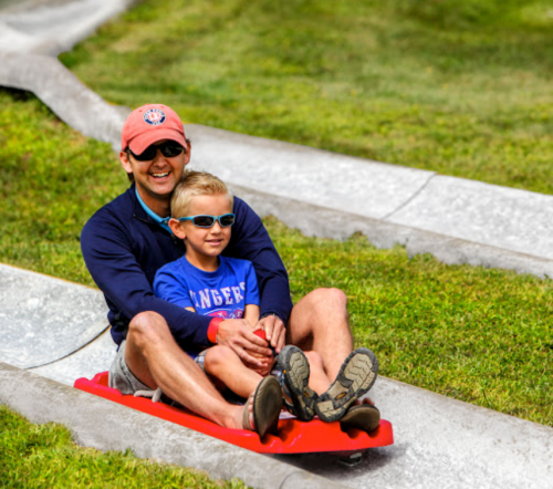A man and a boy smile while riding a sled down a grassy slope on a sunny day. Both are wearing sunglasses.