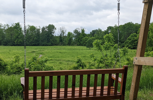 A wooden swing overlooks a lush green field under a cloudy sky.