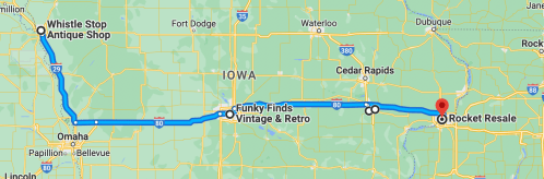 Map showing a route from Whistle Stop Antique Shop to Rocket Resale, passing Funky Finds Vintage & Retro in Iowa.