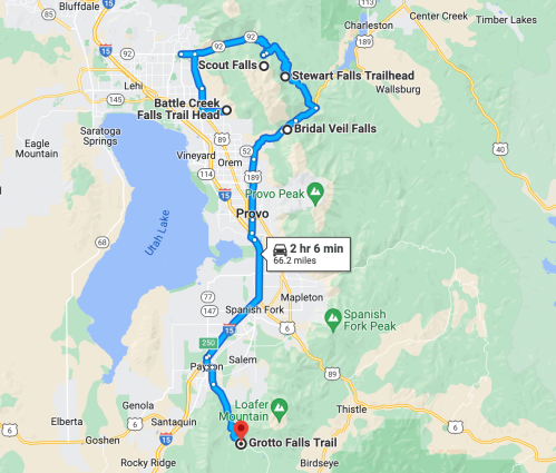 Map showing a route from Scout Falls to Grotto Falls Trail, including stops at Stewart Falls and Bridal Veil Falls.